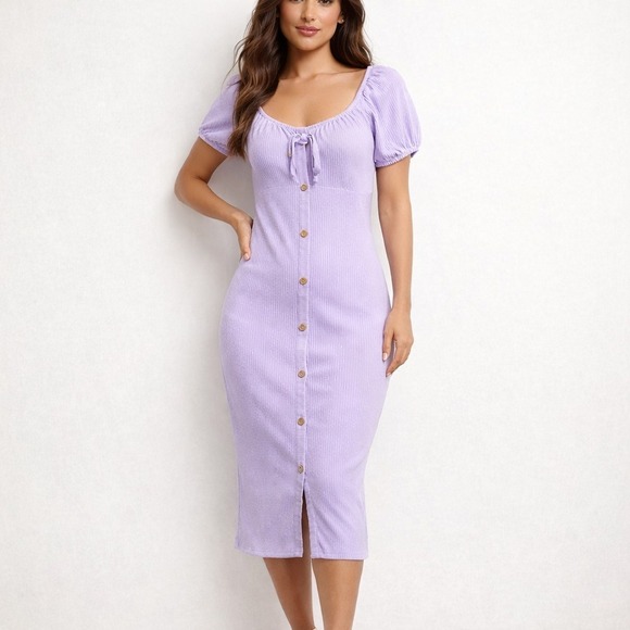 No Boundaries Dresses & Skirts - No Boundaries XL Lavender Bodycon Midi Dress Puff Sleeve Coquette Rib Knit